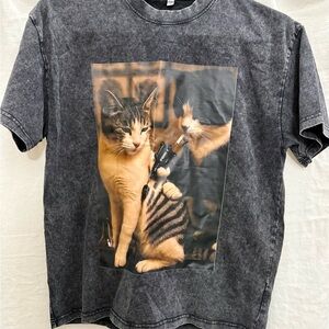 Cats Behaving Badly Graphic Tee Acid Wash Tattoo Artist Smoking Drinking Shirt S